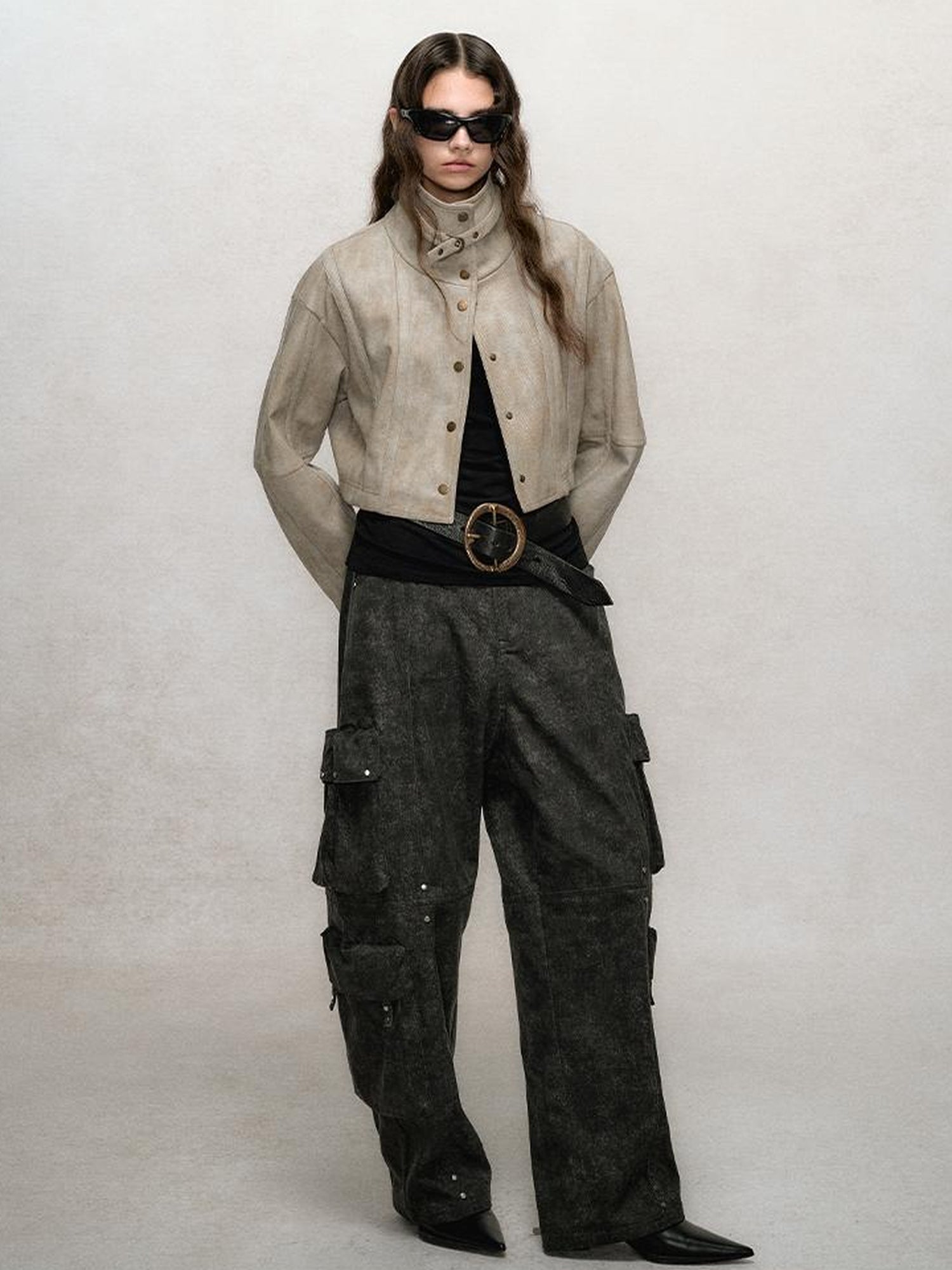 AnnoMundi Vintage Washed Dual Sided Pu Leather Jacket Skirt Set