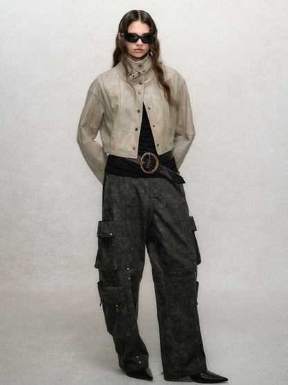 AnnoMundi Vintage Washed Dual Sided Pu Leather Jacket Skirt Set