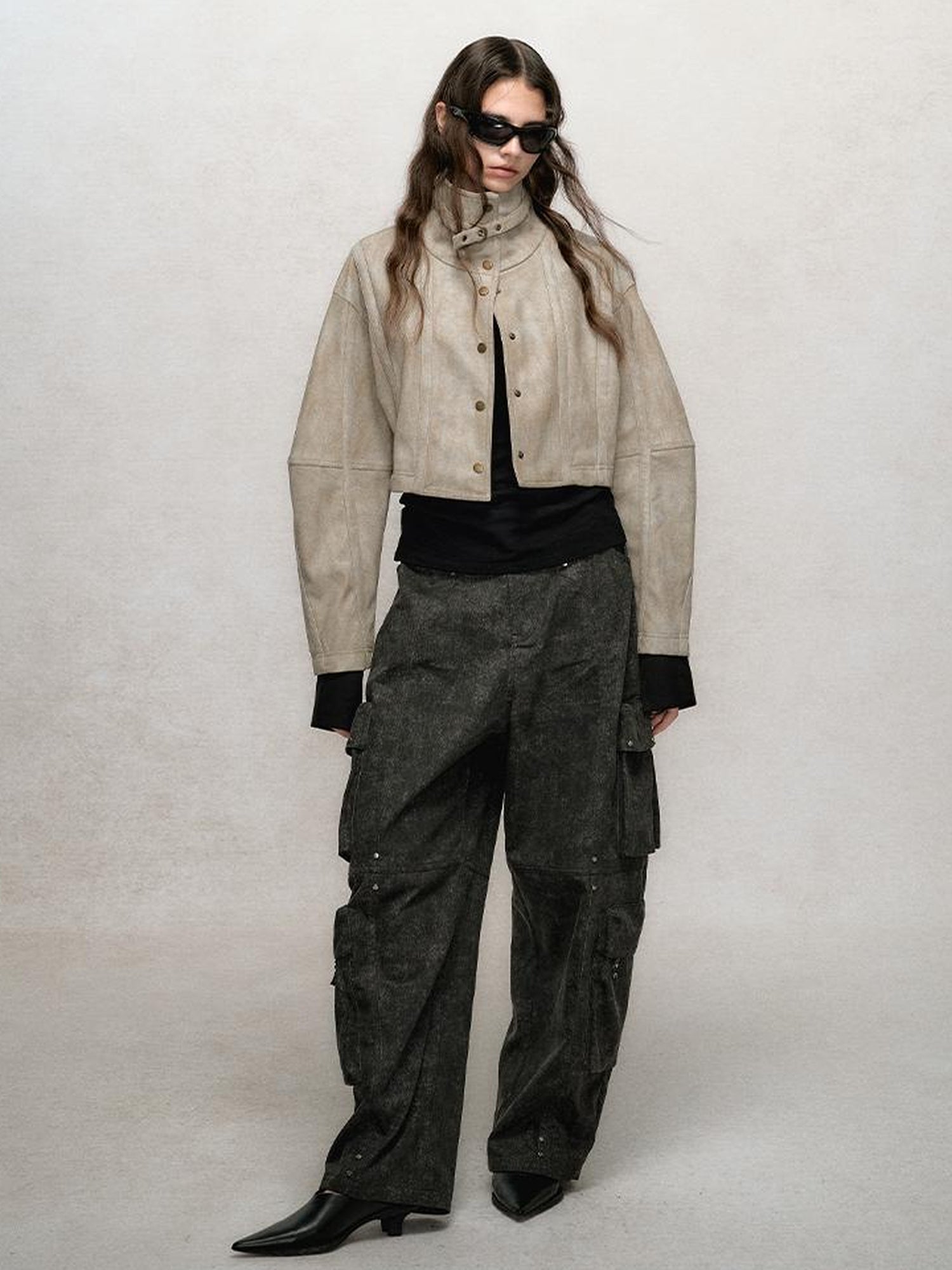 AnnoMundi Vintage Washed Dual Sided Pu Leather Jacket Skirt Set