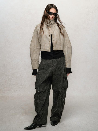 AnnoMundi Vintage Washed Dual Sided Pu Leather Jacket Skirt Set