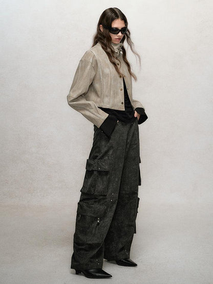 AnnoMundi Vintage Washed Dual Sided Pu Leather Jacket Skirt Set