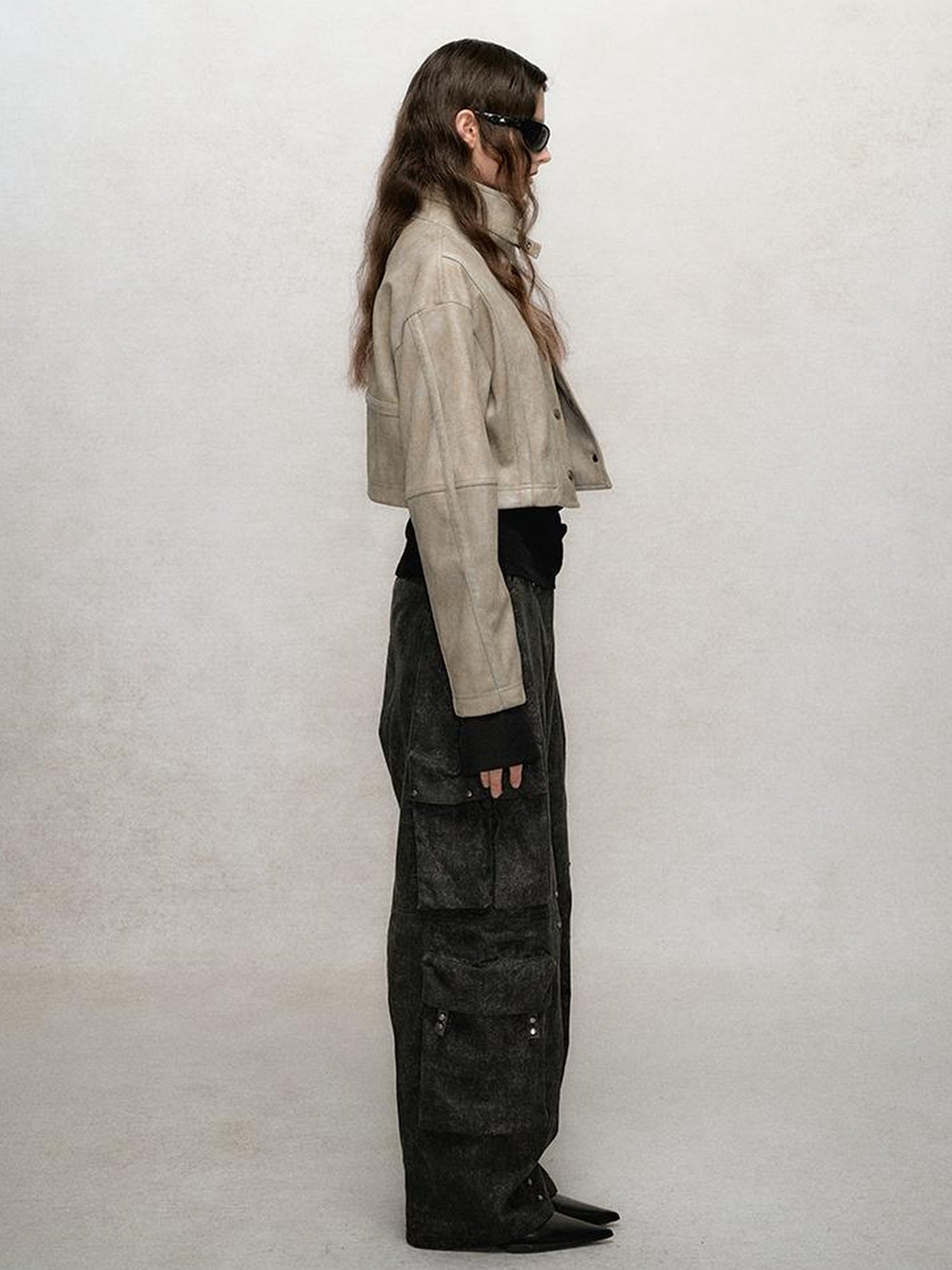 AnnoMundi Vintage Washed Dual Sided Pu Leather Jacket Skirt Set