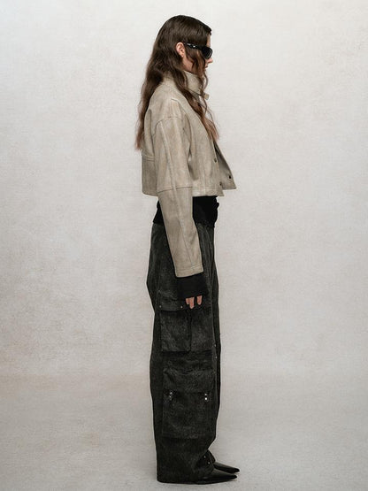 AnnoMundi Vintage Washed Dual Sided Pu Leather Jacket Skirt Set