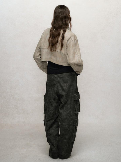 AnnoMundi Vintage Washed Dual Sided Pu Leather Jacket Skirt Set