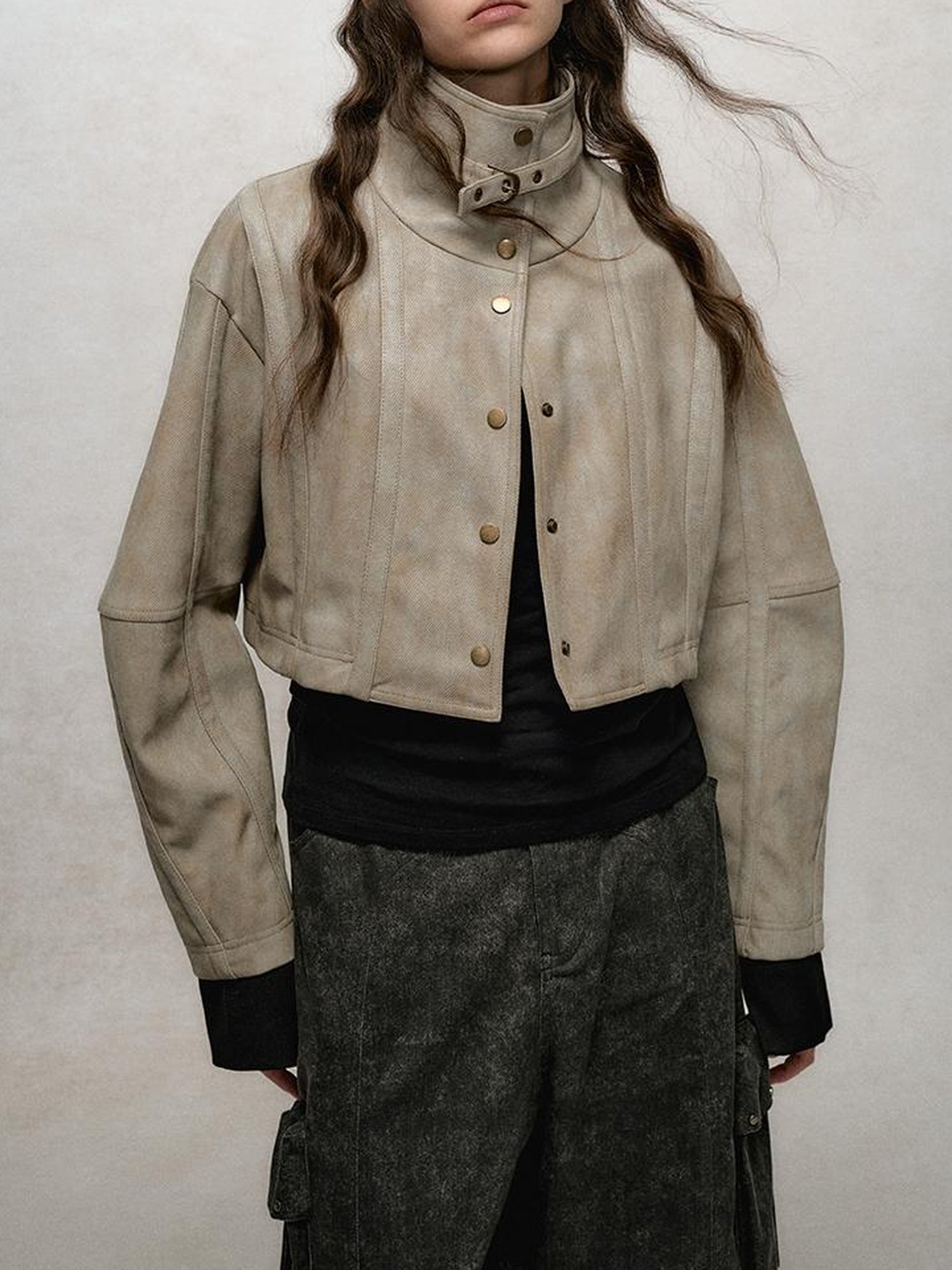 AnnoMundi Vintage Washed Dual Sided Pu Leather Jacket Skirt Set