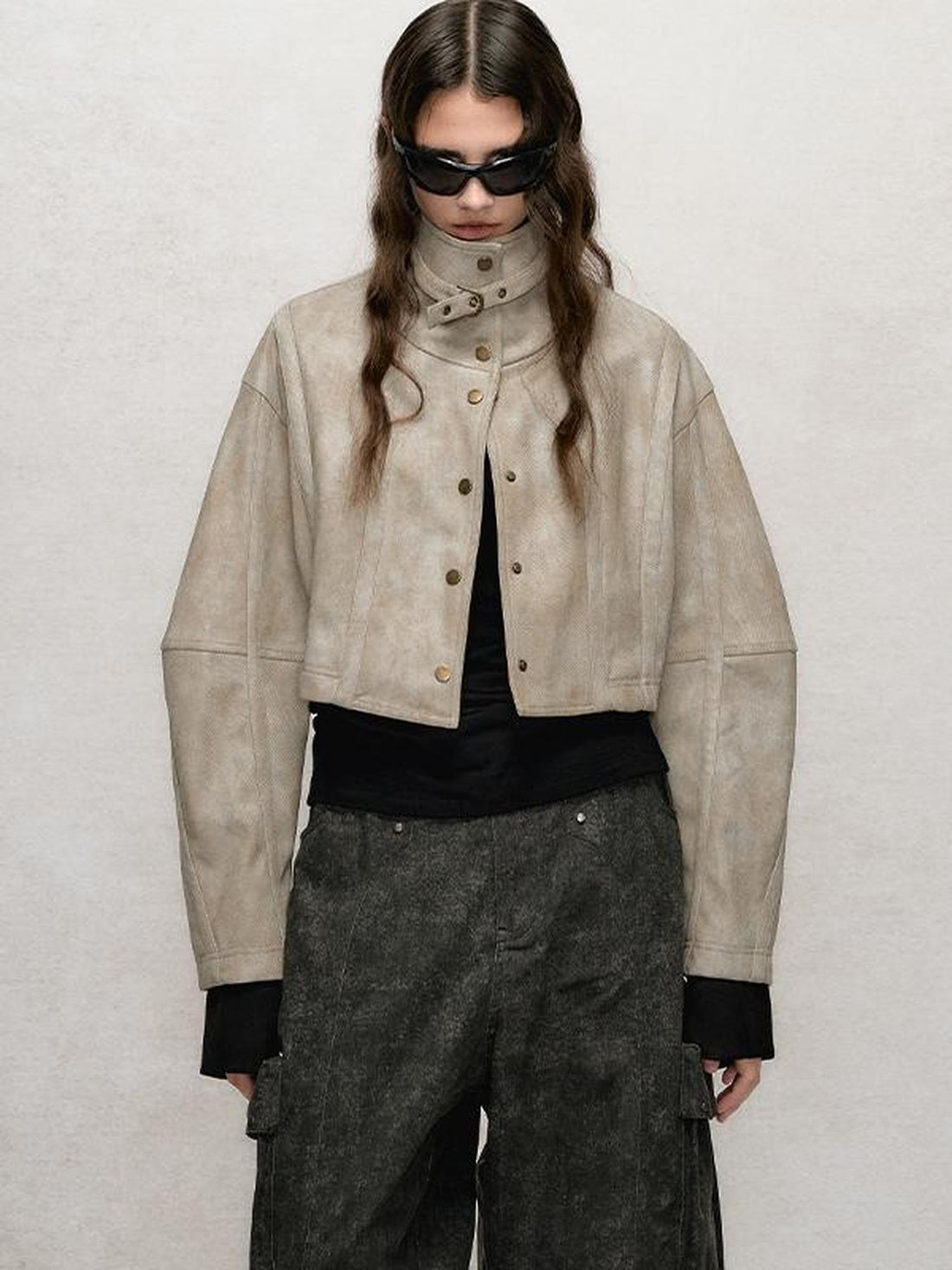 AnnoMundi Vintage Washed Dual Sided Pu Leather Jacket Skirt Set