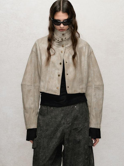 AnnoMundi Vintage Washed Dual Sided Pu Leather Jacket Skirt Set