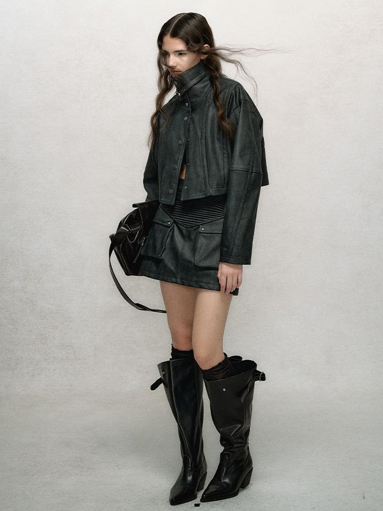 AnnoMundi Vintage Washed Dual Sided Pu Leather Jacket Skirt Set