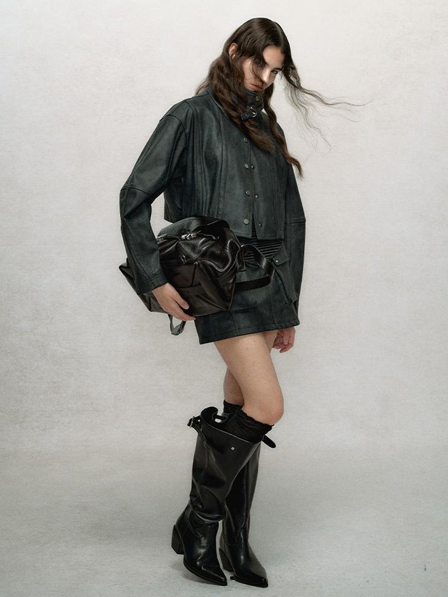 AnnoMundi Vintage Washed Dual Sided Pu Leather Jacket Skirt Set