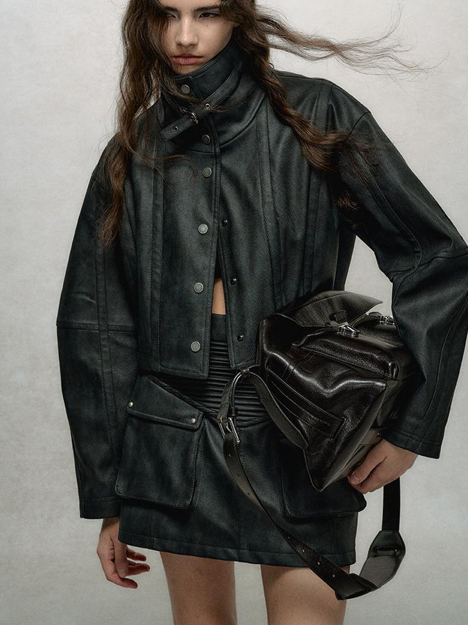 AnnoMundi Vintage Washed Dual Sided Pu Leather Jacket Skirt Set