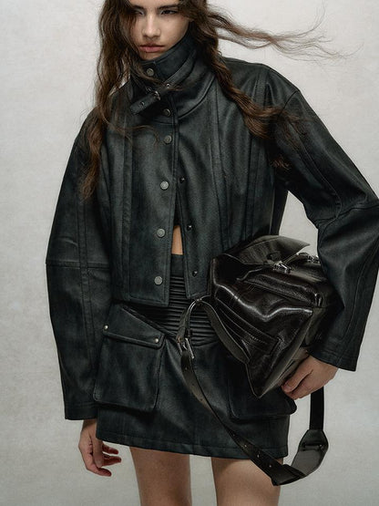 AnnoMundi Vintage Washed Dual Sided Pu Leather Jacket Skirt Set
