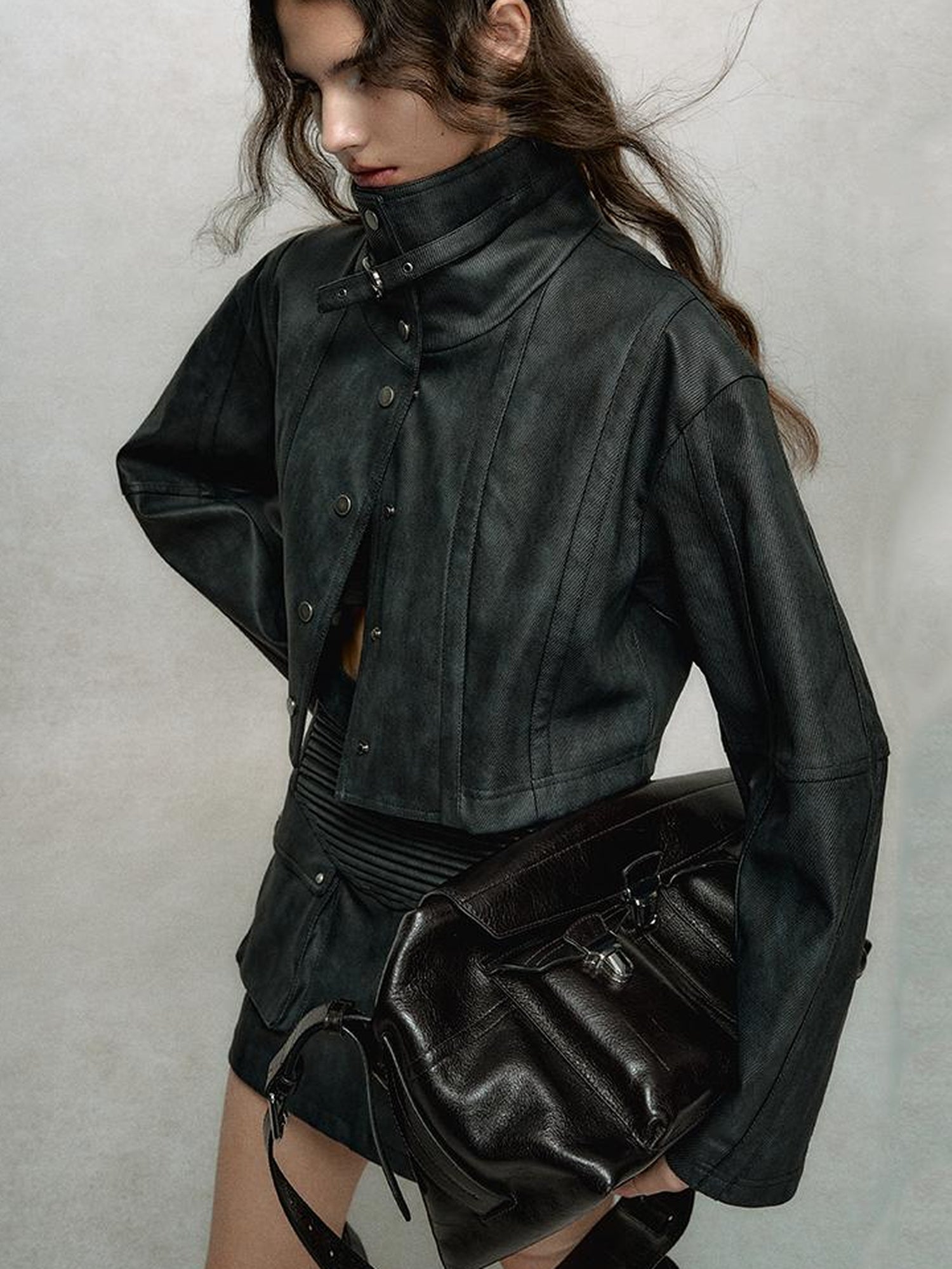 AnnoMundi Vintage Washed Dual Sided Pu Leather Jacket Skirt Set
