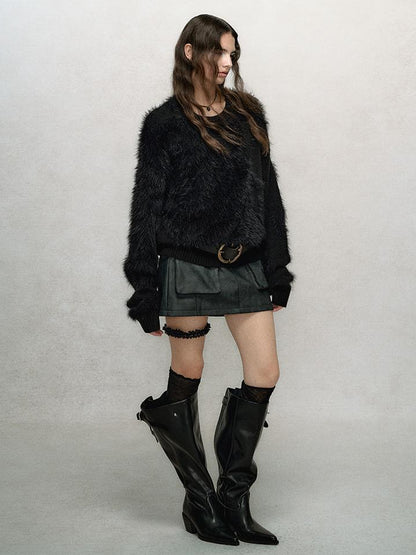 AnnoMundi Vintage Washed Dual Sided Pu Leather Jacket Skirt Set