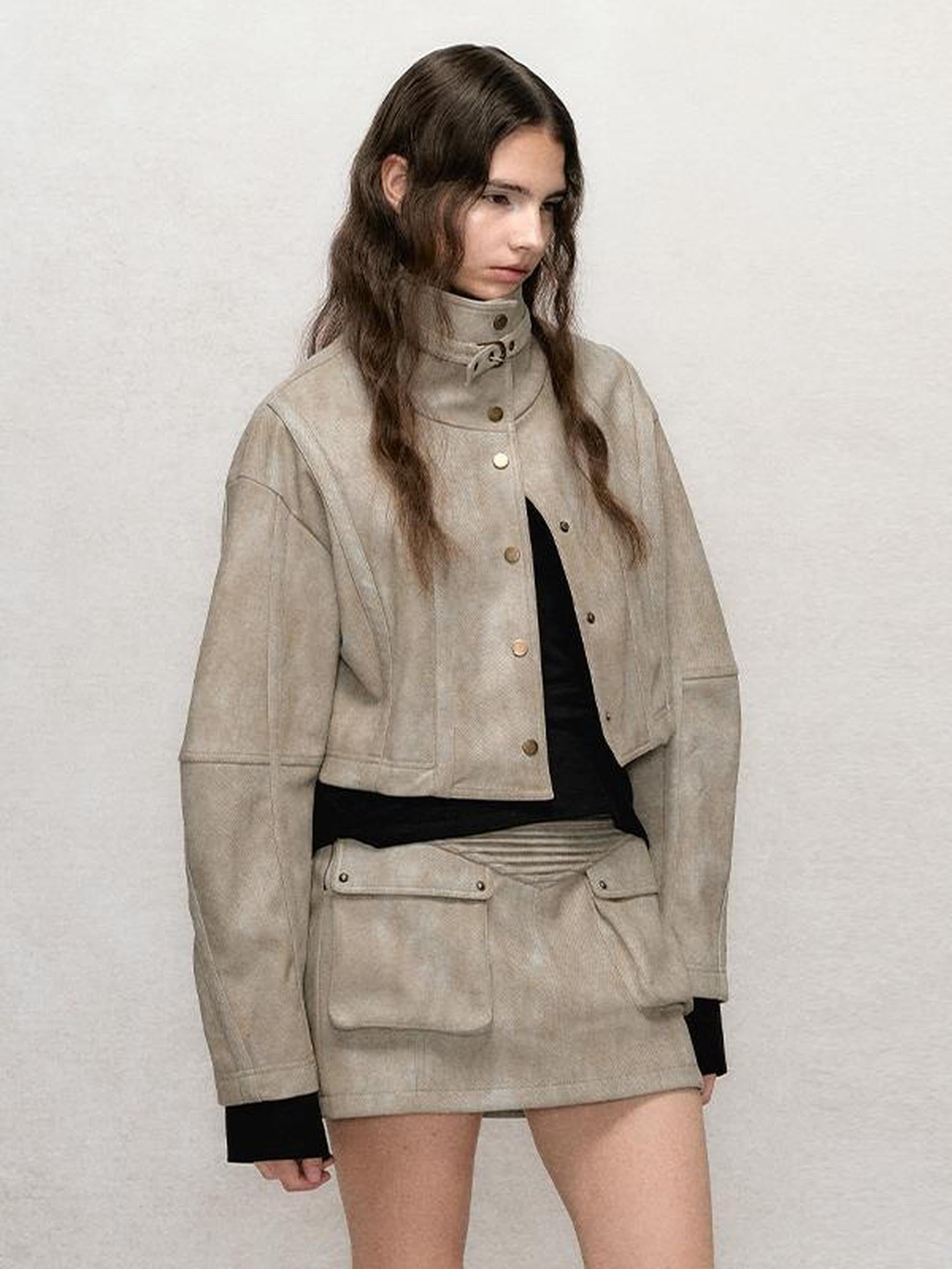 AnnoMundi Vintage Washed Dual Sided Pu Leather Jacket Skirt Set