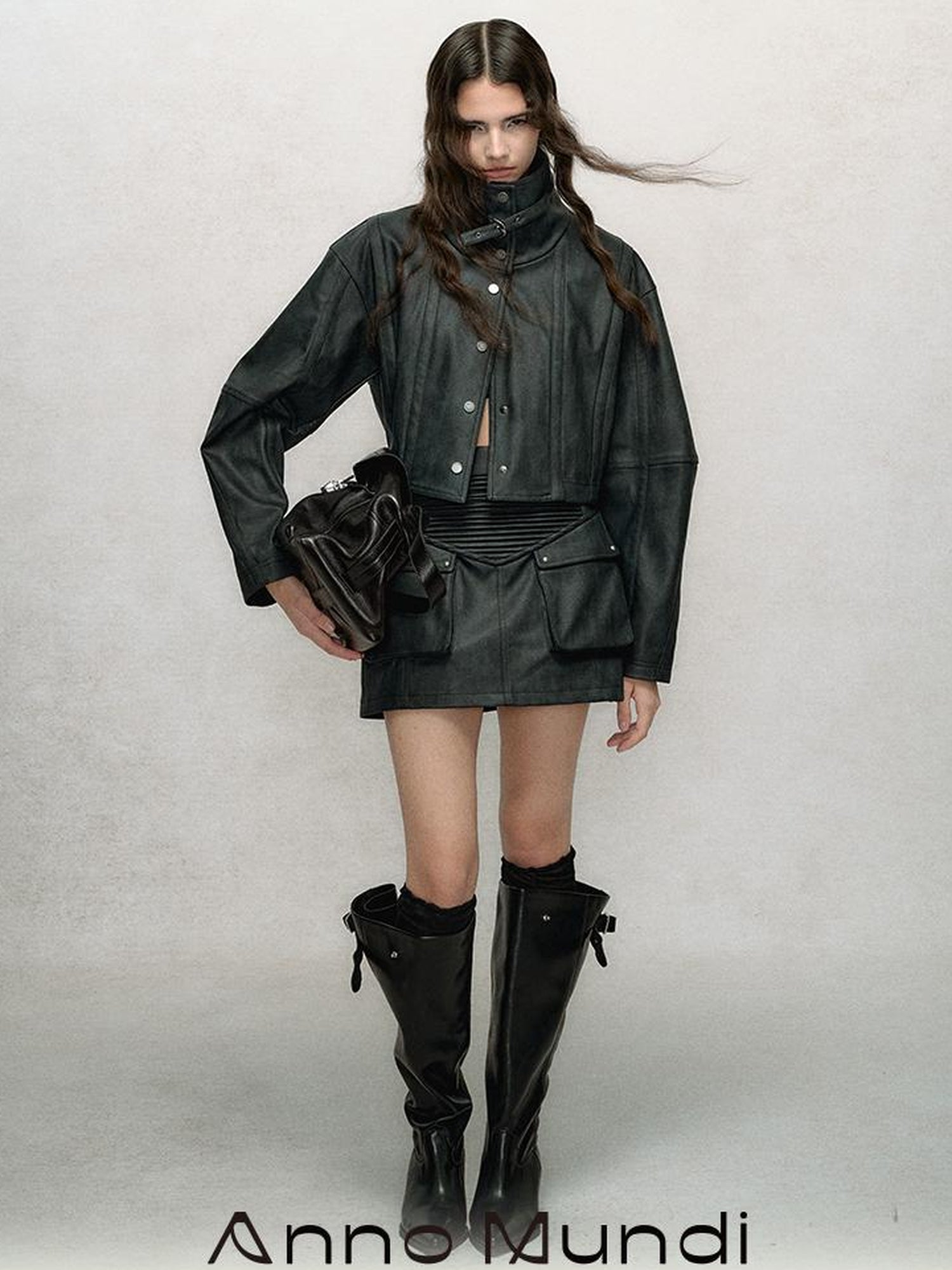 AnnoMundi Vintage Washed Dual Sided Pu Leather Jacket Skirt Set