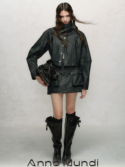 AnnoMundi Vintage Washed Dual Sided Pu Leather Jacket Skirt Set