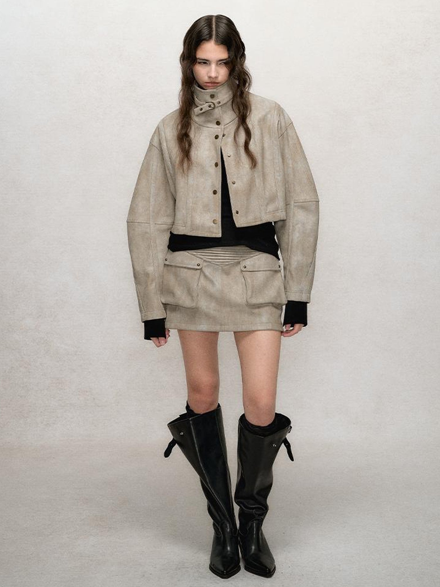 AnnoMundi Vintage Washed Dual Sided Pu Leather Jacket Skirt Set