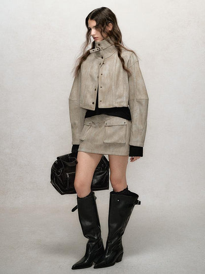 AnnoMundi Vintage Washed Dual Sided Pu Leather Jacket Skirt Set