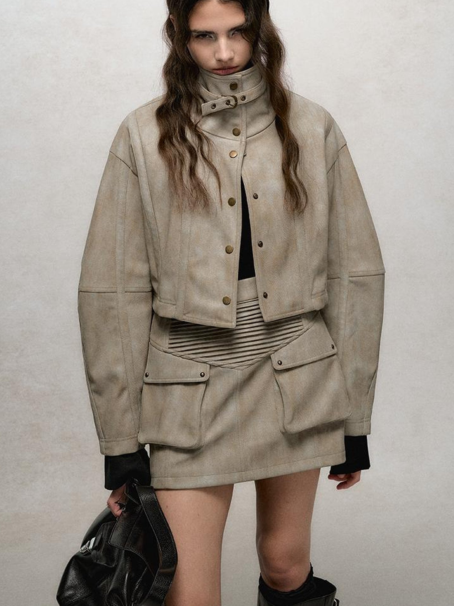 AnnoMundi Vintage Washed Dual Sided Pu Leather Jacket Skirt Set