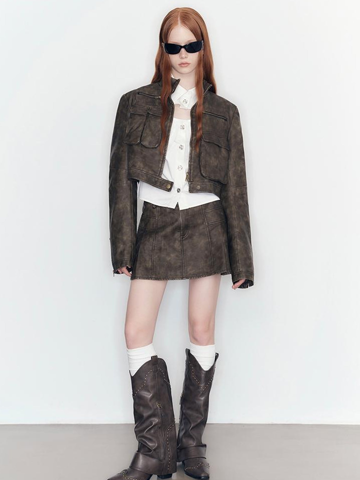 AnnoMundi Vintage Washed PU Pleated A Line Skirt