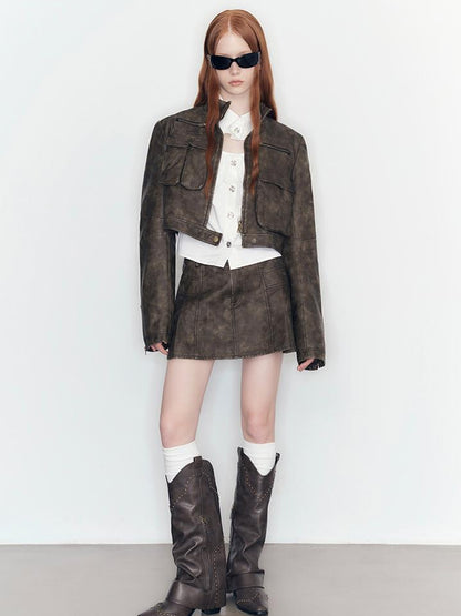 AnnoMundi Vintage Washed PU Pleated A Line Skirt