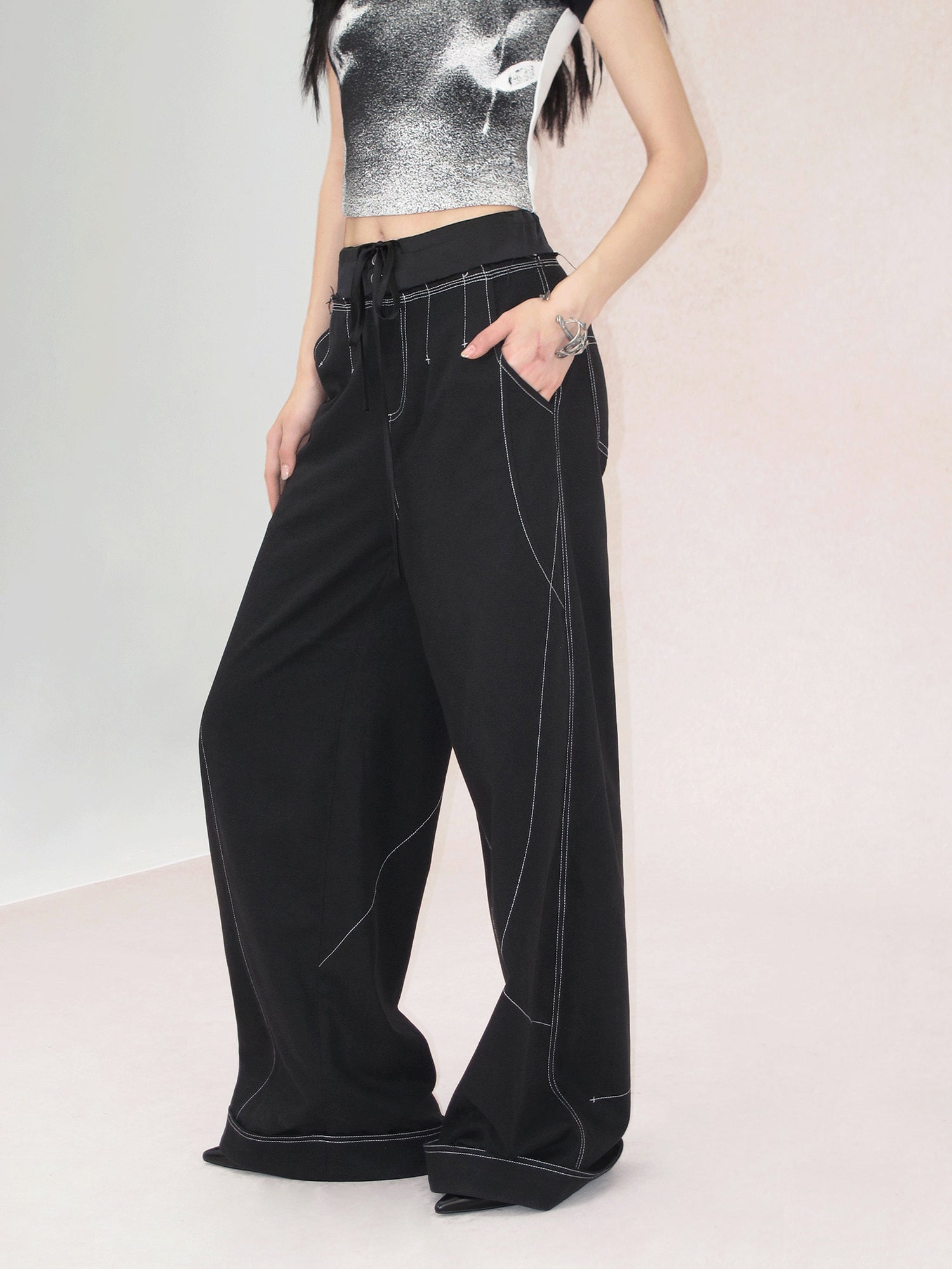 AnnoMundi Vintage Wide Leg Trousers With Contrast Stitching