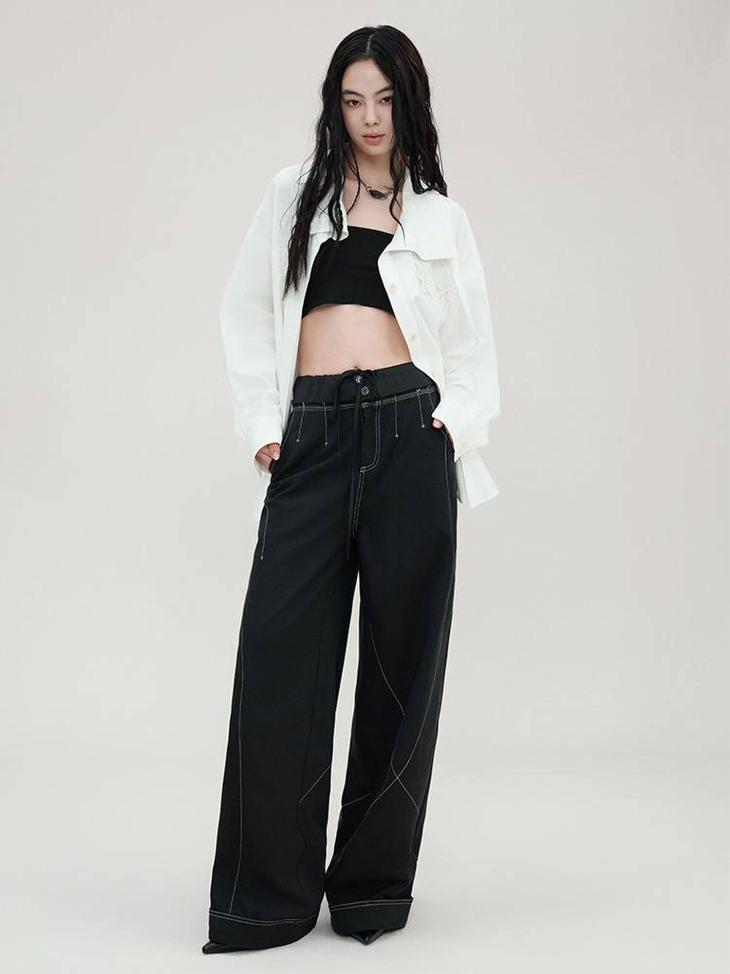 AnnoMundi Vintage Wide Leg Trousers With Contrast Stitching