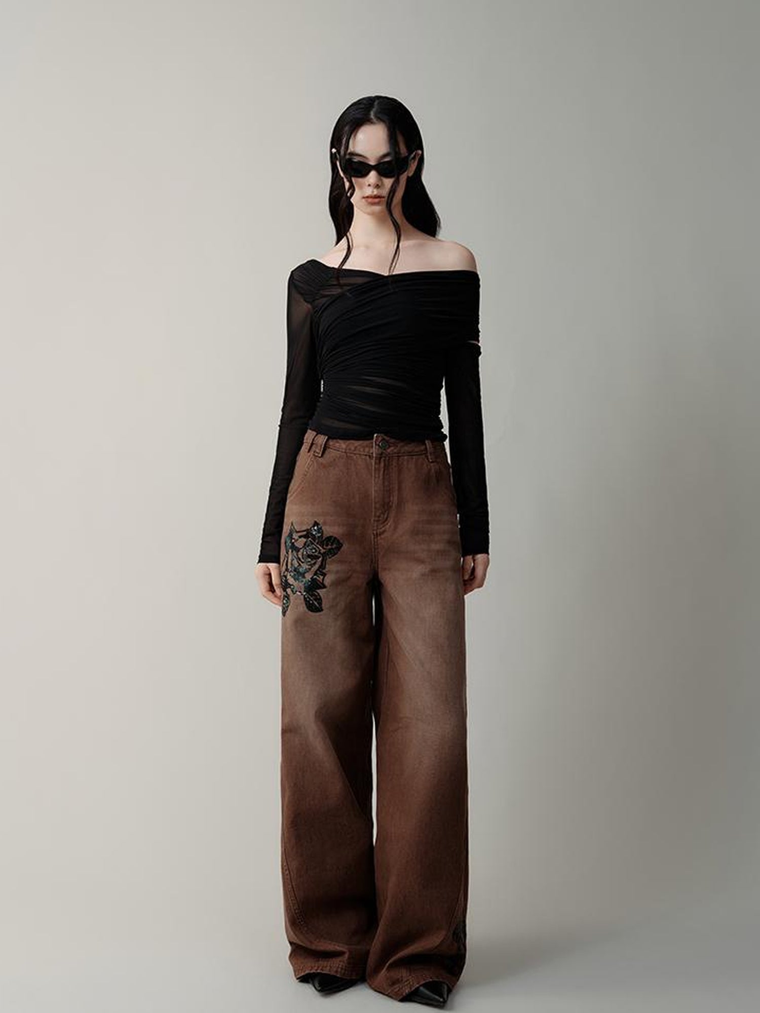 AnnoMundi Volcanic Rose Embroidered Wide Leg Jeans