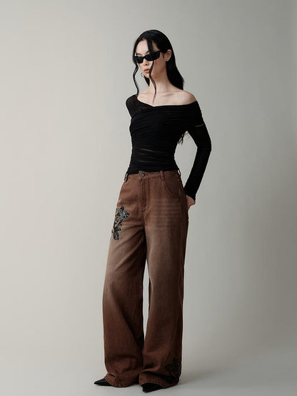 AnnoMundi Volcanic Rose Embroidered Wide Leg Jeans