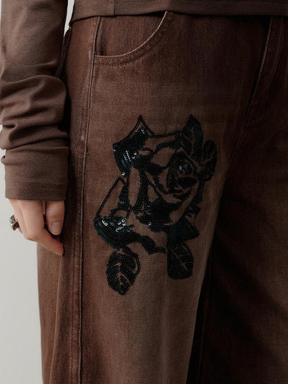 AnnoMundi Volcanic Rose Embroidered Wide Leg Jeans