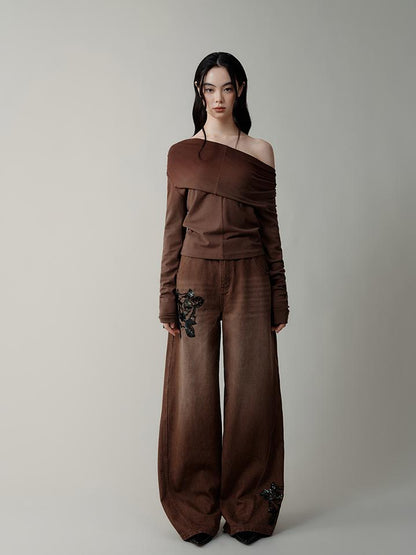 AnnoMundi Volcanic Rose Embroidered Wide Leg Jeans