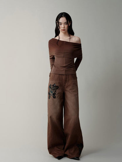 AnnoMundi Volcanic Rose Embroidered Wide Leg Jeans