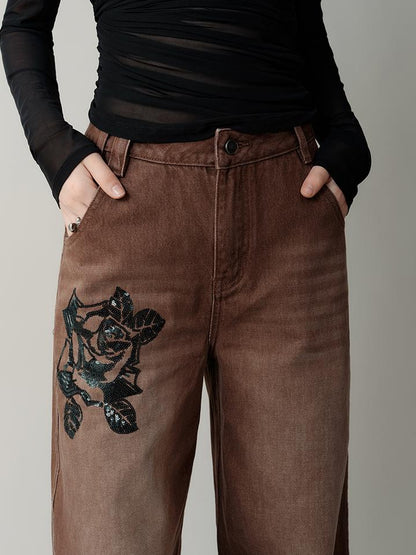 AnnoMundi Volcanic Rose Embroidered Wide Leg Jeans