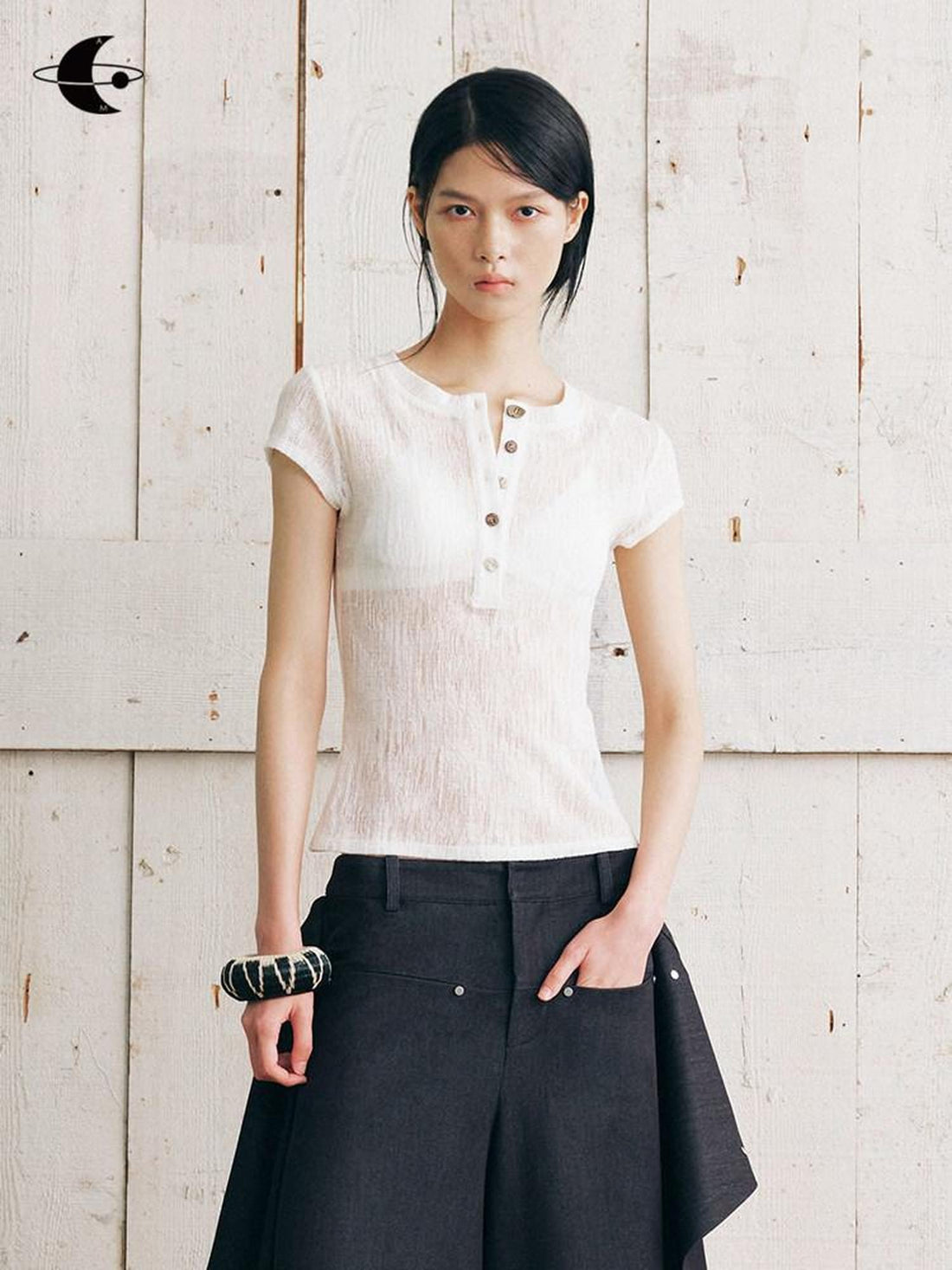 AnnoMundi Warm Mist Texture Henley Collar Slim Knit Women&