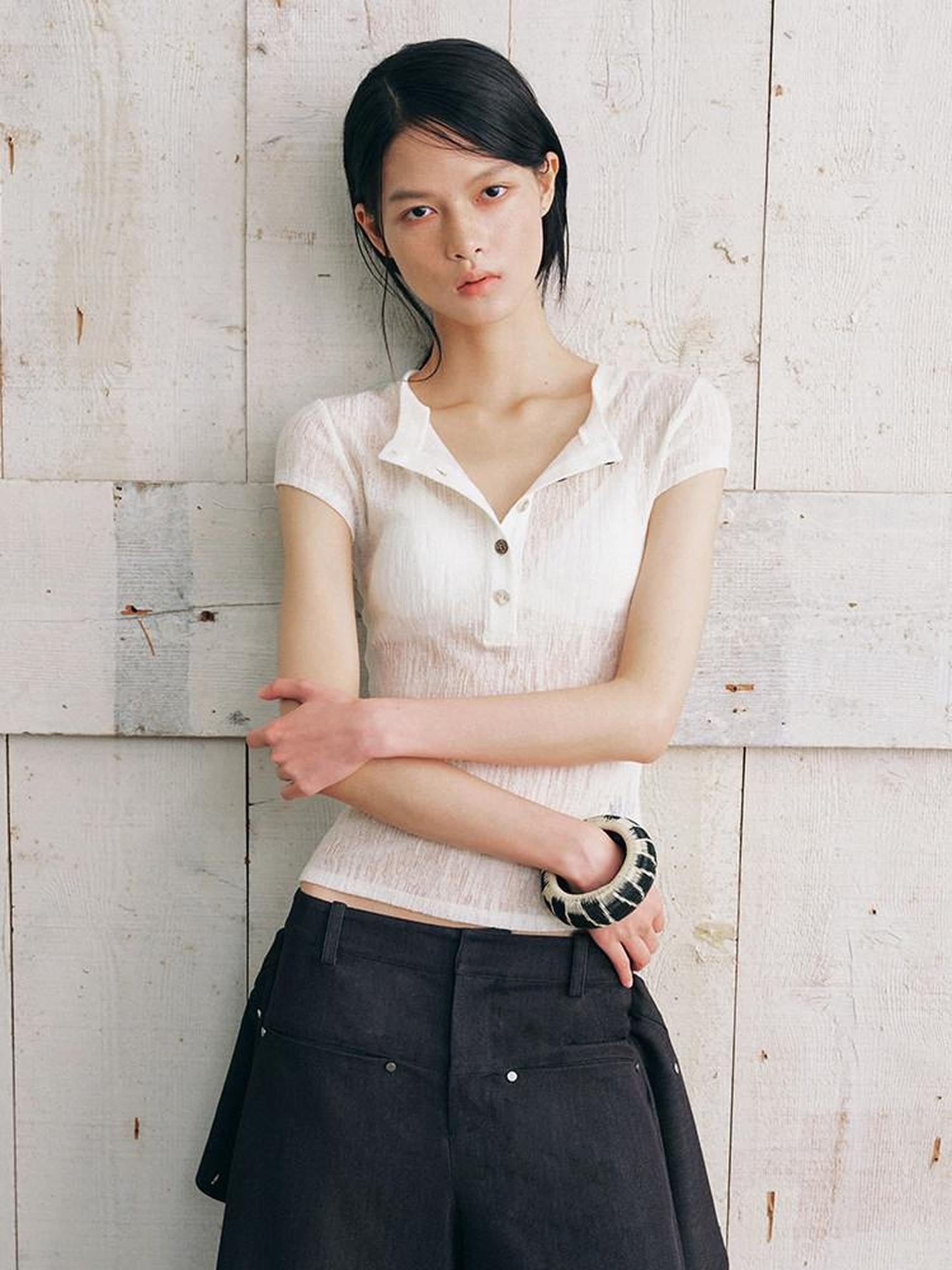AnnoMundi Warm Mist Texture Henley Collar Slim Knit Women&