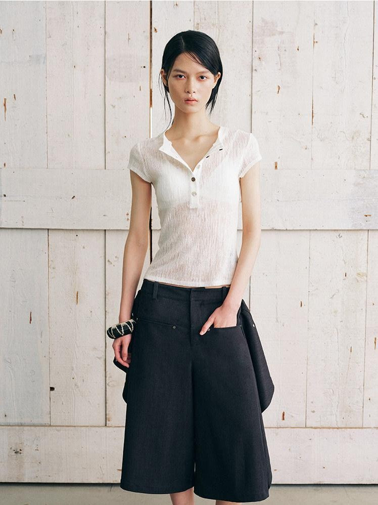 AnnoMundi Warm Mist Texture Henley Collar Slim Knit Women&