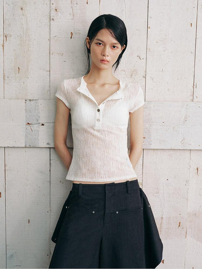 AnnoMundi Warm Mist Texture Henley Collar Slim Knit Women&