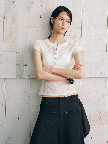 AnnoMundi Warm Mist Texture Henley Collar Slim Knit Women&