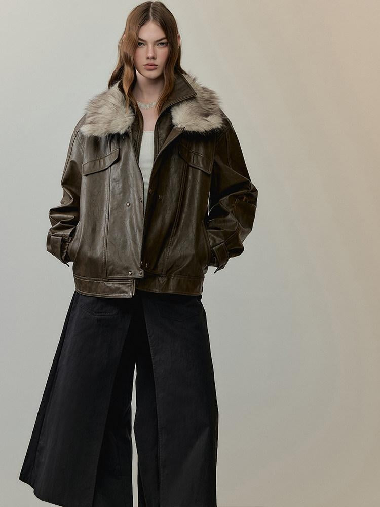 AnnoMundi Warm Pu Fur Collar Vintage Loose Fit Women Brown Zipper Leather Jackets
