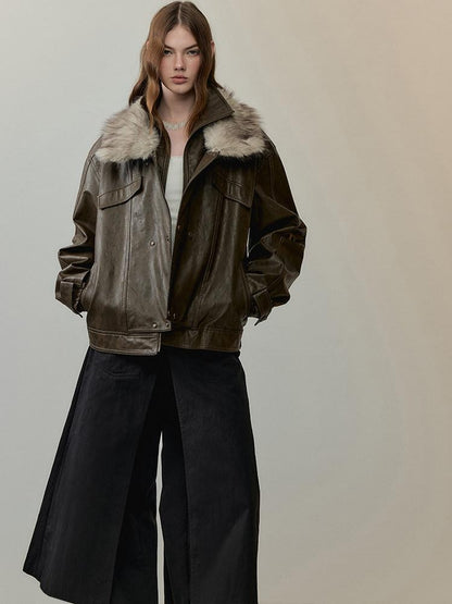 AnnoMundi Warm Pu Fur Collar Vintage Loose Fit Women Brown Zipper Leather Jackets