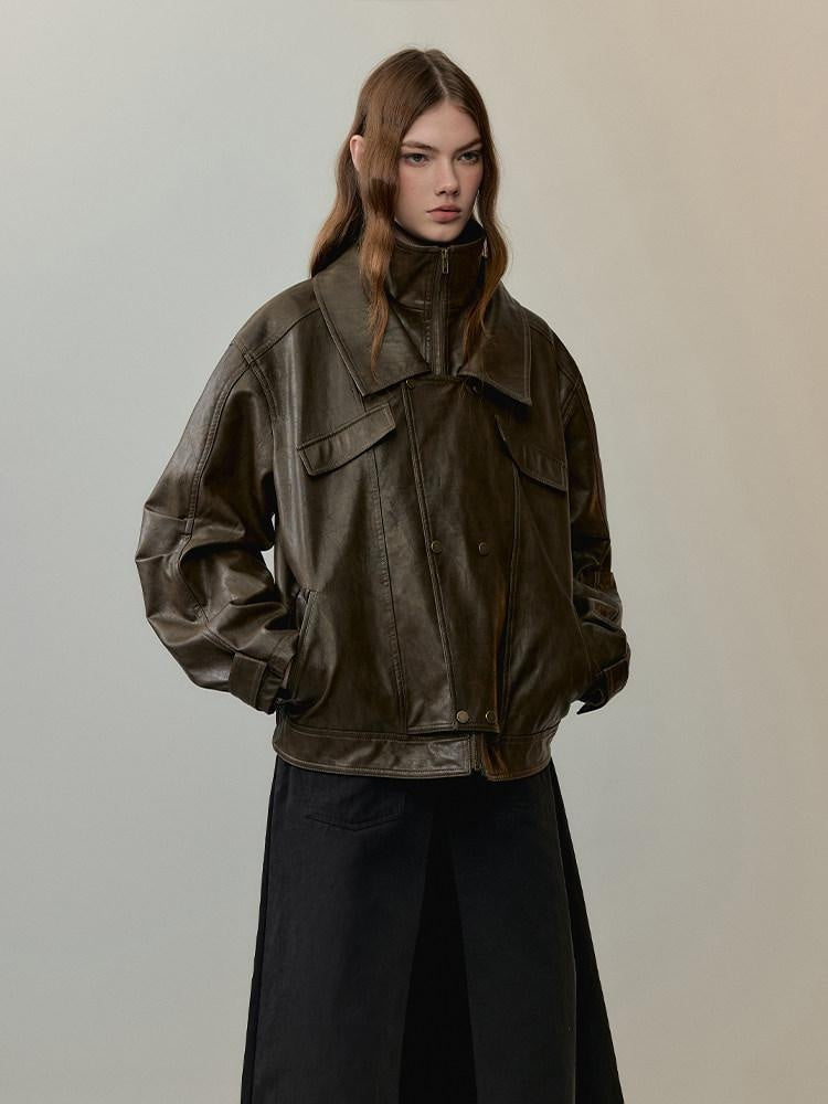 AnnoMundi Warm Pu Fur Collar Vintage Loose Fit Women Brown Zipper Leather Jackets