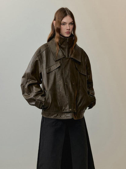 AnnoMundi Warm Pu Fur Collar Vintage Loose Fit Women Brown Zipper Leather Jackets