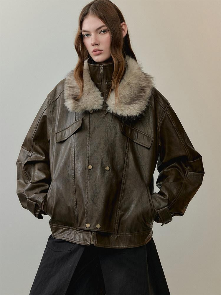 AnnoMundi Warm Pu Fur Collar Vintage Loose Fit Women Brown Zipper Leather Jackets