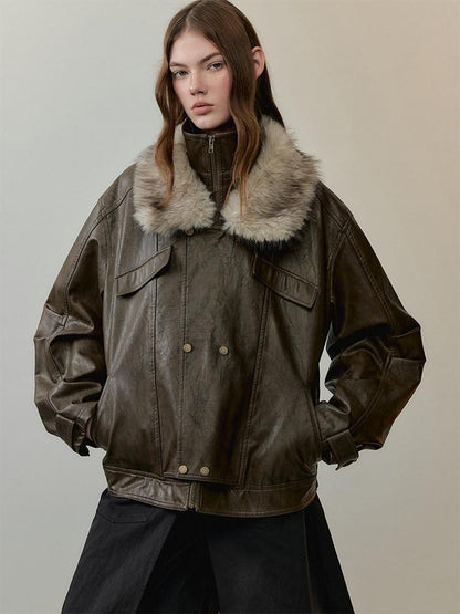 AnnoMundi Warm Pu Fur Collar Vintage Loose Fit Women Brown Zipper Leather Jackets