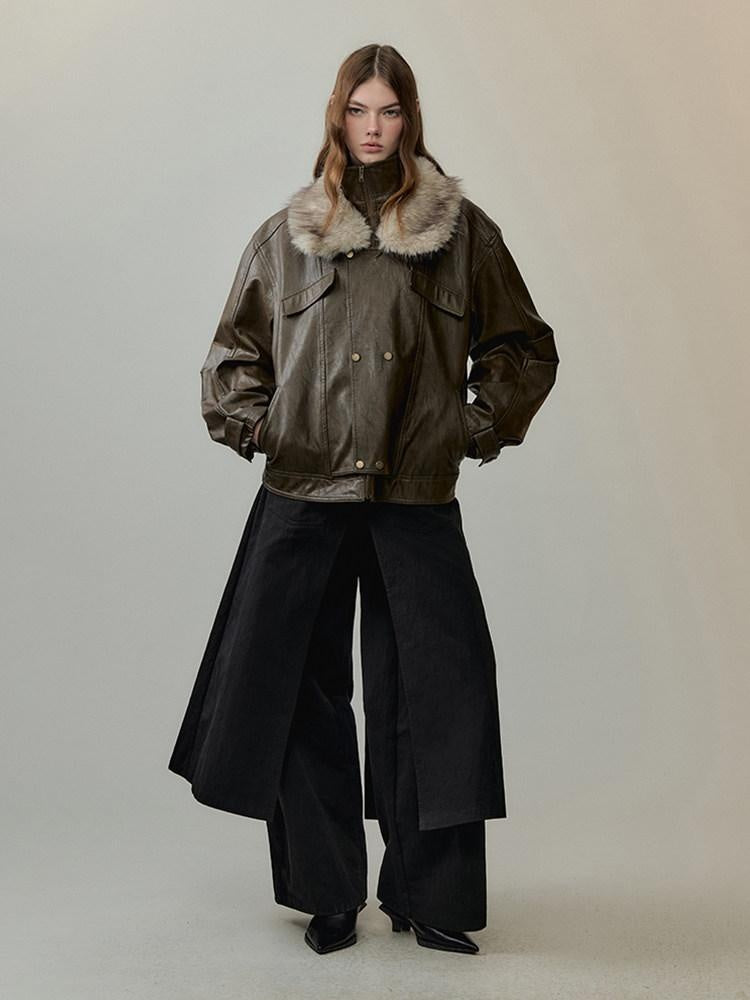 AnnoMundi Warm Pu Fur Collar Vintage Loose Fit Women Brown Zipper Leather Jackets
