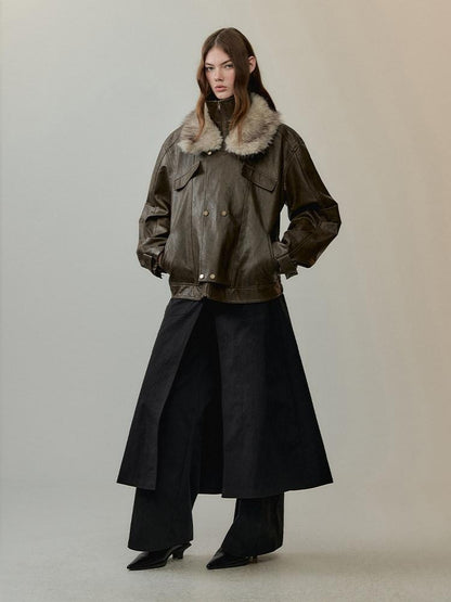 AnnoMundi Warm Pu Fur Collar Vintage Loose Fit Women Brown Zipper Leather Jackets