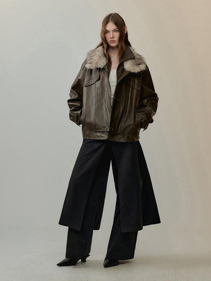 AnnoMundi Warm Pu Fur Collar Vintage Loose Fit Women Brown Zipper Leather Jackets