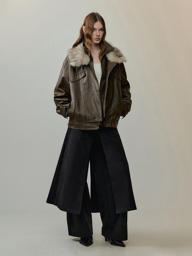 AnnoMundi Warm Pu Fur Collar Vintage Loose Fit Women Brown Zipper Leather Jackets