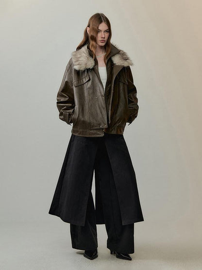 AnnoMundi Warm Pu Fur Collar Vintage Loose Fit Women Brown Zipper Leather Jackets