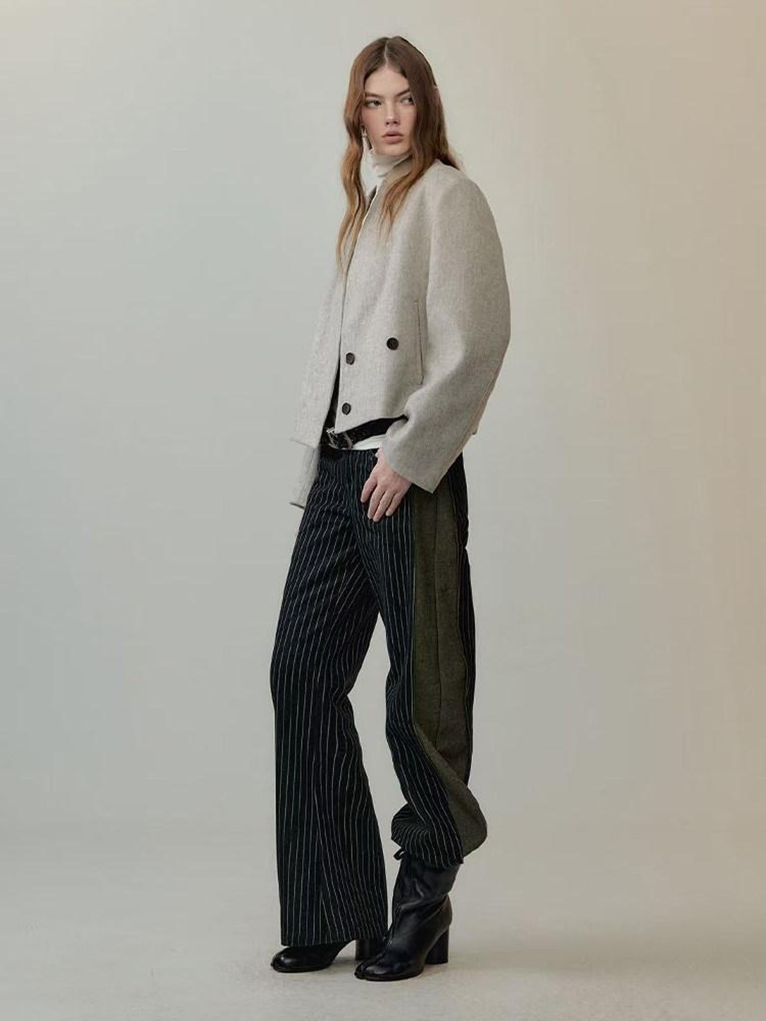 AnnoMundi Warm Thick Wool Blend Minimalist Oversized Collarless Short Women Jacket